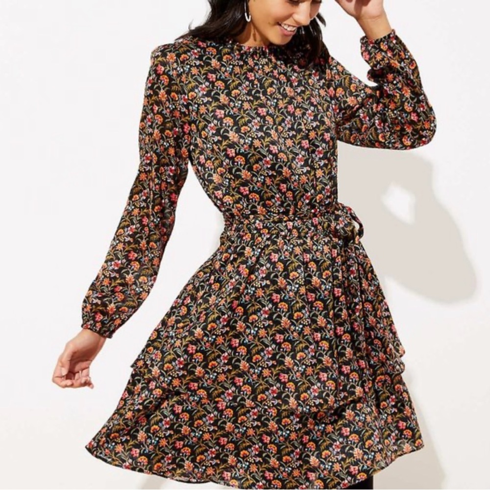 LOFT Petite Shimmer Floral Ruffle Flare Dress